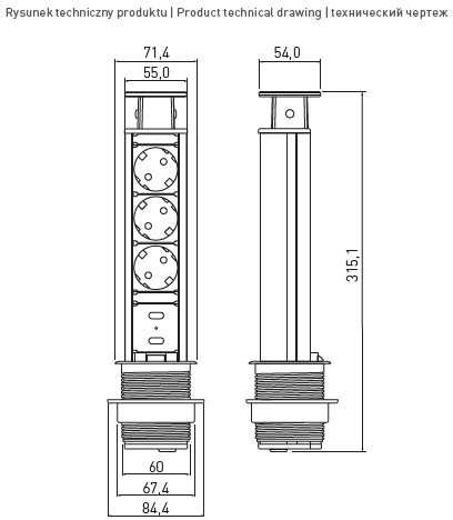 Підовжувач GTV d 60 3 розетки SCHUKO 2xUSB Сірий