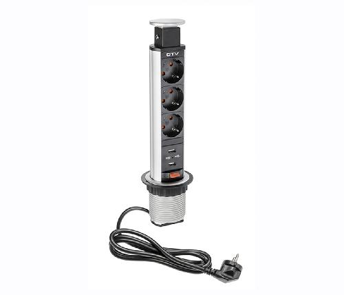 Підовжувач GTV d 60 3 розетки SCHUKO 2xUSB Сірий