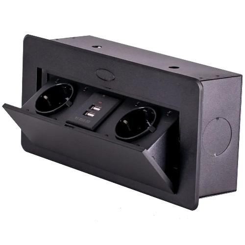 Блок врізний на 2 розетки 2 USB роз"єми з підйомною кришкою Чорний ДС